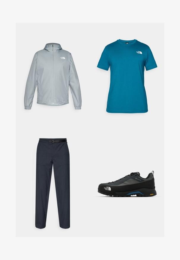 Svetlo šedá vetrovka s kapucňou, elastickými manžetami, predným zipsom a bielym logom na ľavom hrudníku. Hladký, vodeodolný materiál.; Tyrkysové tričko s krátkym rukávom vyrobené z mäkkej bavlny, s bielym logom potlačeným na ľavej hrudi a klasickým dizajnom okrúhleho výstrihu.; Tmavomodré nohavice so sťahovaním majú rovný strih, dve predné vrecká, čierny nastaviteľný opasok a hladkú textúru.; The North Face VERTO ALPINE GORE TEX - Turistické topánky - asphalt grey/tnf black