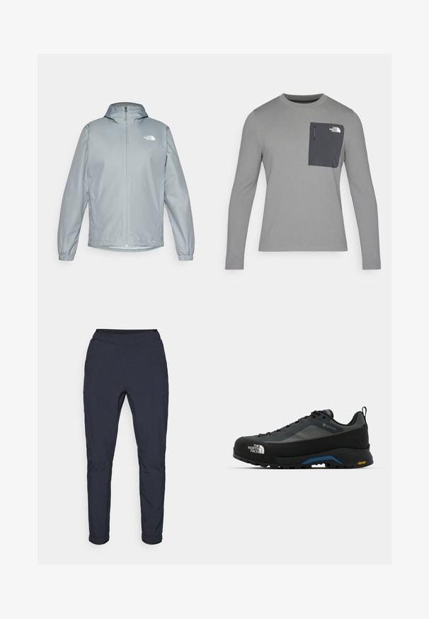 Light grey windbreaker jacket with a hood, elastic cuffs, front zipper, and a white logo on the left chest. Smooth, water-resistant material.; Long-sleeve gray shirt with textured fabric, featuring a dark gray chest pocket and a zip closure. Logo on pocket in white.; Dark navy lightweight trousers with a smooth texture, elastic waistband, and cuffed hems. Features subtle stitching and a streamlined design.; The North Face VERTO ALPINE GORE TEX - Hiking shoes - asphalt grey/tnf black