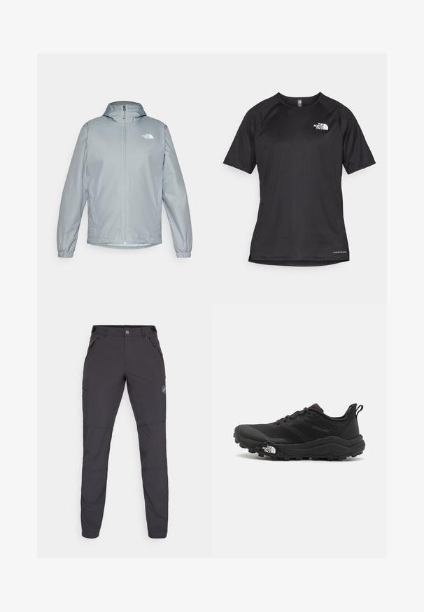 Light grey windbreaker jacket with a hood, elastic cuffs, front zipper, and a white logo on the left chest. Smooth, water-resistant material.; Black short-sleeve athletic shirt with a textured fabric, featuring a white logo on the left chest and a straight hem.; Dark gray outdoor pants with a slim fit, made of flexible material. Features three zippered pockets and a logo detail.; Black trail running shoe with a textured upper, rubber sole, and reinforced toe cap. Features a padded collar and pull tab for easy wear.