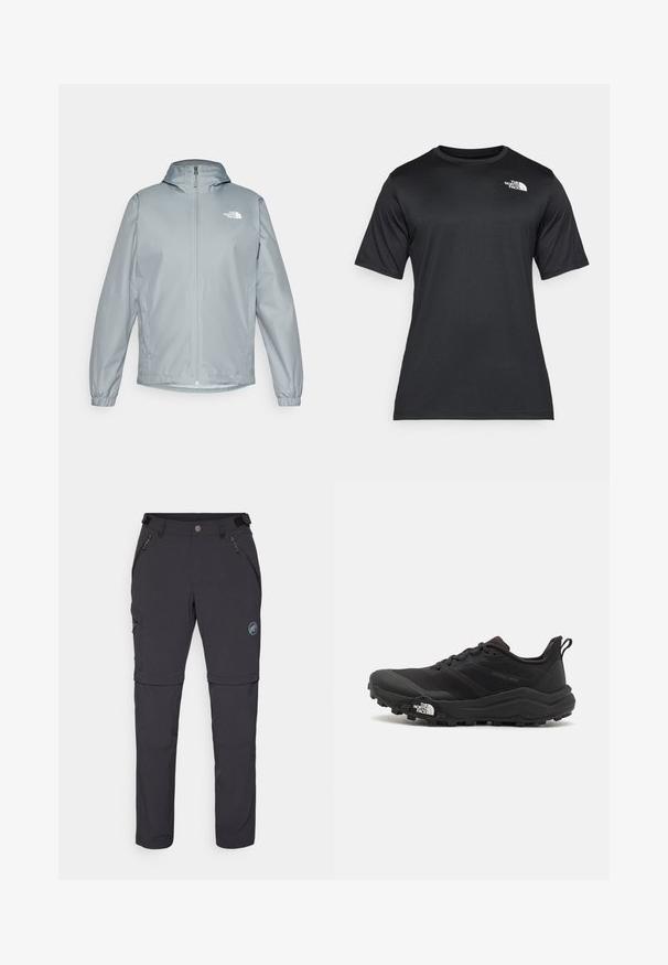 Casaco corta-vento cinza claro com capuz, punhos elásticos, fecho de correr à frente e um logotipo branco no lado esquerdo do peito. Material liso e resistente à água.; Camiseta preta de manga curta feita de um tecido leve e que absorve a umidade. Apresenta um logo branco no lado esquerdo do peito e um decote redondo.; Mammut RUNBOLD ZIP OFF PANTS MEN - Calças para exterior - black; Sapatilha de trail running preta com um upper texturizado, sola de borracha e biqueira reforçada. Possui um colarinho acolchoado e uma alça para facilitar o calçar.