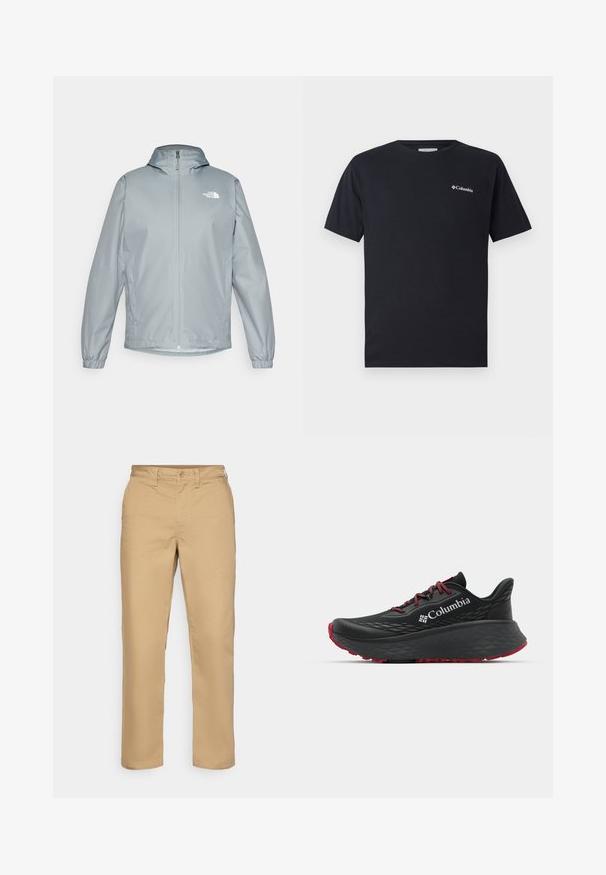 Casaco corta-vento cinza claro com capuz, punhos elásticos, fecho de correr à frente e um logotipo branco no lado esquerdo do peito. Material liso e resistente à água.; Camiseta preta de manga curta feita de algodão, com um pequeno logotipo branco da Columbia na área do bolso esquerdo do peito. Decote redondo clássico e corte solto.; Calças cáqui feitas de tecido em mistura de algodão, com um design de perna reta, fecho de botão, passantes para cinto e sem padrões ou detalhes visíveis.; Shoe atlético preto com parte superior texturizada, atacadores vermelhos e logótipo. Sola espessa com padrão para tração. Design minimalista, vista lateral.