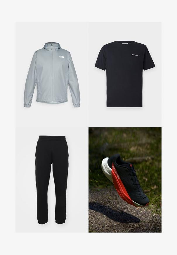 Világosszürke szélvédő dzseki kapucnival, rugalmas mandzsettákkal, elöl cipzárral és fehér logóval a bal mellkason. Simító, vízálló anyag.; Fekete, rövid ujjú póló, amely pamutból készült, a bal mellrészen egy kis fehér Columbia logóval. Klasszikus kerek nyakú és laza szabású.; Fekete, pamut keverékből készült melegítőnadrág, rugalmas derékkal, tapered szabású lábszárral és ribbelt mandzsettával a bokánál. Egyszerű dizájn, minta nélkül.; Fekete futócipő piros díszítéssel, könnyű hálós felsőrész, texturált fehér talppal és fűzőrendszerrel. A teljesítmény és a kényelem érdekében tervezték.