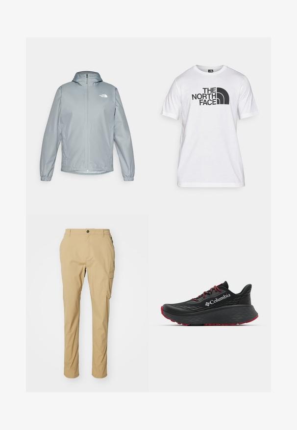 Lys grå vindjakke med hette, elastiske mansjetter, glidelås foran og en hvit logo på venstre bryst. Glatt, vannavstøtende materiale.; Hvit bomulls T-skjorte med svart grafisk trykk som inkluderer tekst og et buet logodesign. Rund hals og korte ermer. Enkelt tekstur.; Kaki cargo bukser laget av lett materiale, med rett kutt, sidelommer og en knappefeste i livet.; Svart treningssko med teksturert overdel, røde snører og logo. Tykksåle med mønstrede dekk for bedre veigrep. Minimalistisk design, sidevinkel.