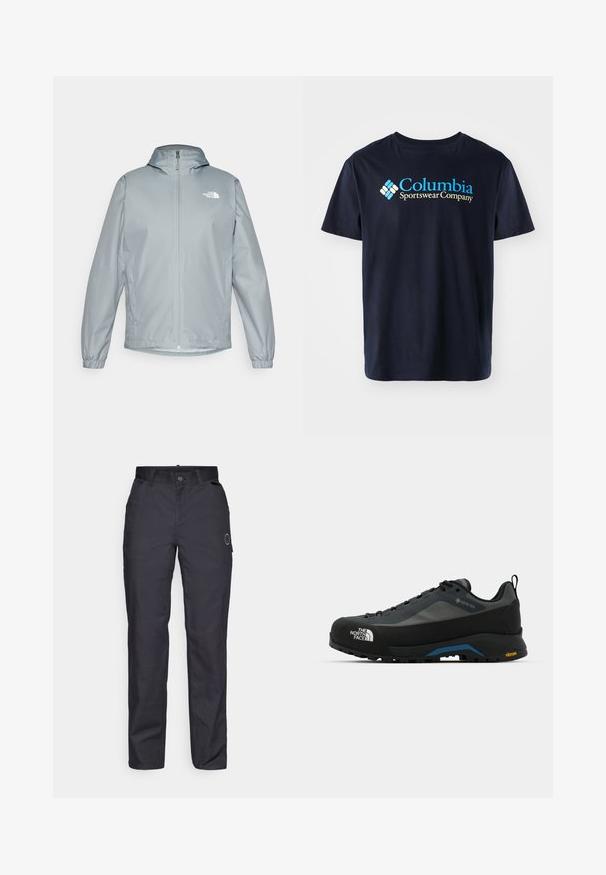Casaco corta-vento cinza claro com capuz, punhos elásticos, fecho de correr à frente e um logotipo branco no lado esquerdo do peito. Material liso e resistente à água.; Columbia BASIC LOGO™ SHORT SLEEVE - T-shirt estampada - black; Calças pretas feitas de um tecido durável, com um design de perna reta, bolsos frontais e um fecho de botão. Logótipo subtil na lateral.; The North Face VERTO ALPINE GORE TEX - Sapatos de caminhada - asphalt grey/tnf black