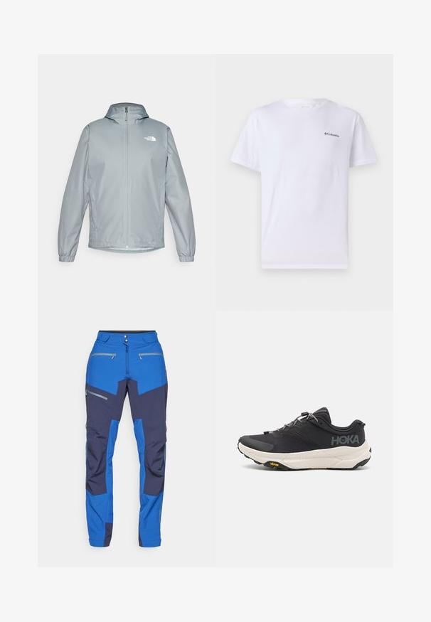 Ανοιχτό γκρίζο αντιανεμικό μπουφάν με κουκούλα, ελαστικούς καρπούς, μπροστινό φερμουάρ και λευκό λογότυπο στο αριστερό στήθος. Απαλή, ανθεκτική στο νερό ύλη.; Λευκό βαμβακερό t-shirt με στρογγυλή λαιμόκοψη και κοντά μανίκια, με μικρό μαύρο λογότυπο Columbia στο αριστερό στήθος.; Μπλε και ναυτικού τύπου παντελονιού για εξωτερικές δραστηριότητες, με φερμουάρ στις μπροστινές τσέπες, ενισχυμένες περιοχές, στενές γραμμές στα πόδια και σχέδιο με αντίθετα χρώματα.; Μαύρο αθλητικό παπούτσι με υφασμάτινη επιφάνεια, γκρίζες λεπτομέρειες, ανακλαστικά στοιχεία και παχύ λευκό πάτο με σήμα Vibram.