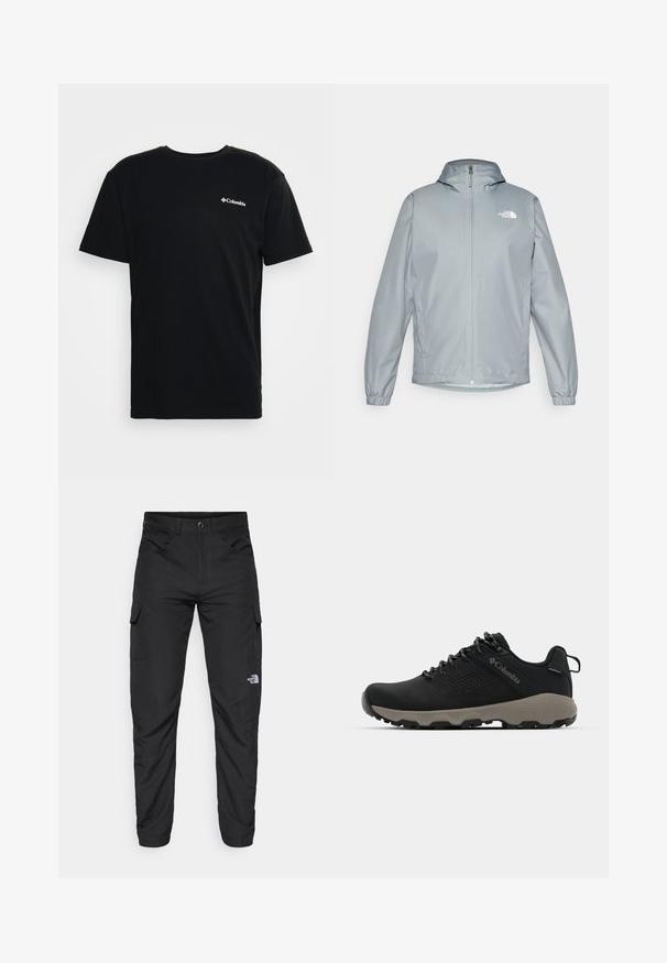 Ανοιχτό γκρίζο αντιανεμικό μπουφάν με κουκούλα, ελαστικούς καρπούς, μπροστινό φερμουάρ και λευκό λογότυπο στο αριστερό στήθος. Απαλή, ανθεκτική στο νερό ύλη.; Μαύρο βαμβακερό T-shirt με κοντά μανίκια και στρογγυλή λαιμόκοψη. Διαθέτει λογότυπο Columbia σε λευκό χρώμα στο αριστερό στήθος. Μαλακή υφή.; The North Face HORIZON PANT - Παντελόνι εξωτερικού χώρου - black; Μαύρο ορειβατικό παπούτσι με λείο επάνω μέρος, διάτρητο σχέδιο, γκρι σόλα και ενισχυμένη φτέρνα. Διαθέτει κορδόνια και κρίκο για εύκολη φόρμα.