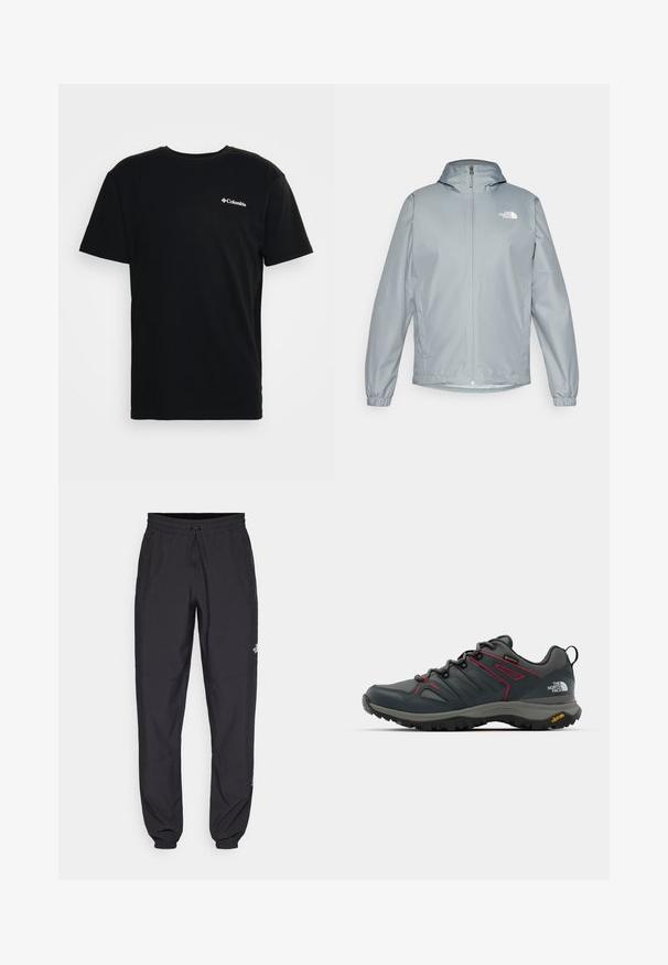 Világosszürke szélvédő dzseki kapucnival, rugalmas mandzsettákkal, elöl cipzárral és fehér logóval a bal mellkason. Simító, vízálló anyag.; Fekete pamut póló rövid ujjakkal és kerek nyakkivágással. Bal mellkason egy kis fehér Columbia logó található. Puha tapintású.; Fekete sportnadrág, könnyű anyagból készült, húzózsinóros derékkal, oldalsó zsebekkel és szűkített szárakkal a bokáknál.; Szürke túracipő piros részletekkel, hálós és szintetikus felsőrésszel, fűzőrendszerrel és Vibram talppal a tapadásért. Gore-Tex anyag a vízállóság érdekében.