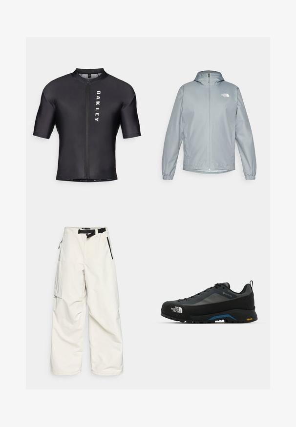 Veste coupe-vent gris clair avec capuche, poignets élastiques, fermeture éclair avant et logo blanc sur la poitrine gauche. Matière lisse et résistante à l'eau.; Maillot de cyclisme à manches courtes en tissu noir et lisse. Il possède une fermeture éclair à l'avant et le logo "OAKLEY" imprimé en blanc sur le côté gauche.; Pantalons cargo blancs en tissu résistant à l'eau, dotés d'une ceinture de taille, de poches latérales avec zips et d'une coupe large et décontractée.; The North Face VERTO ALPINE GORE TEX - Chaussures de marche - asphalt grey/tnf black