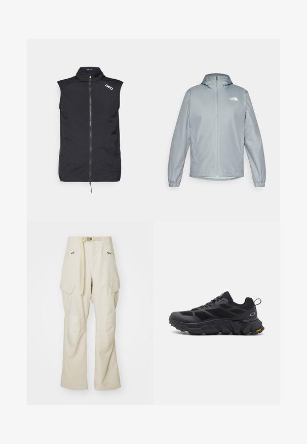 Light grey windbreaker jacket with a hood, elastic cuffs, front zipper, and a white logo on the left chest. Smooth, water-resistant material.; POC PRO THERMAL VEST - Cycling Jersey - uranium black; Beige cargo pants with a wide leg, belted waist, two side pockets, and knee patches. Smooth texture with reinforced stitching details.; Black athletic shoes with a chunky sole, mesh and synthetic upper, textured accents, and Vibram branding on the outsole.