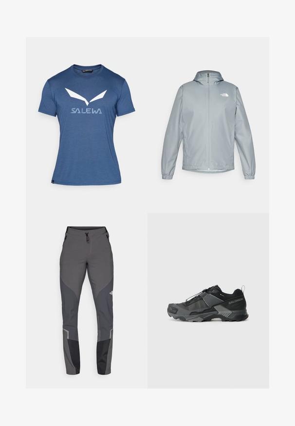 Vaaleanharmaa tuuliestokka, jossa on huppu, joustavat hihansuut, etuvetoketju ja valkoinen logo vasemmassa rinnassa. Sujuva, vettähylkivä materiaali.; Sininen lyhytnenäinen t-paita, joka on valmistettu pehmeästä materiaalista ja jossa on edessä valkoinen graafinen logo ja abstrakti kuvio. Yksinkertainen pyöreä kaula-aukko.; Harmaat vaellushousut, joissa on kapea malli, useita taskuja ja tummanharmaita sekä mustia yksityiskohtia. Valmistettu joustavasta ja kestävästä materiaalista.; Mustat maastohiihtokengät, joissa on kestävä verkkokansi, vahvistettu varvaskuppi, teksturoitu kumipohja ja joustava nauhajärjestelmä varman istuvuuden takaamiseksi.