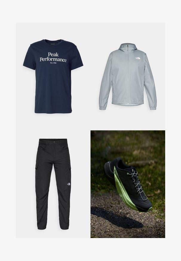 Gai pelēks vējjakas mētelis ar kapuci, elastīgiem piedurkņu galiem, priekšējo rāvējslēdzēju un balto logo kreisajā krūtīs. Gluda, ūdensizturīga materiāla.; Tumši zila kokvilnas T-kreklu ar tekstu "Peak Performance" baltā krāsā, ar "Est. 1986" zem tā. Klasisks apaļais kakls un īsas piedurknes.; The North Face HORIZON PANT - Āra bikses - black; Melna sporta kurpe ar tekstūrētu virsmu un zaļiem akcentiem. Iezīmējas ar vieglu konstrukciju un unikālu, rakstainu zoli, kas nodrošina saķeri.