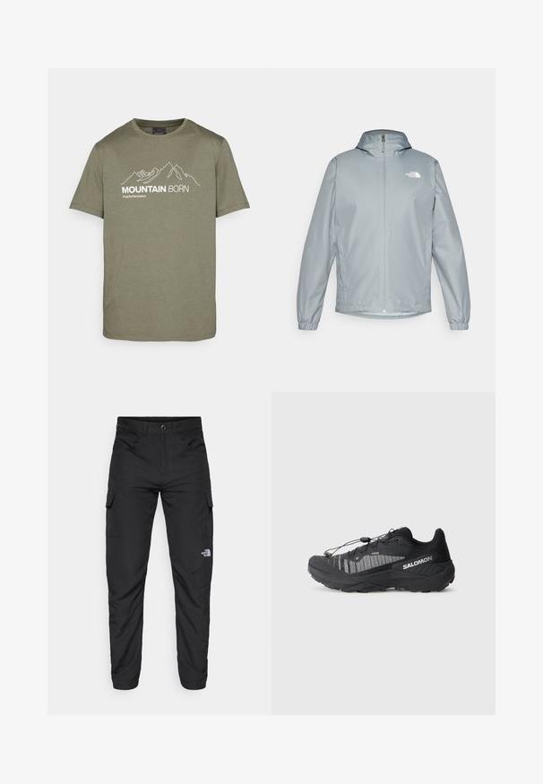 Šviesiai pilkas vėjui atsparus striukė su kapišonu, elastingomis rankogaliais, priekiniais užtrauktukais ir baltu logotipu ant kairiojo krūtinės. Lygaus, vandeniui atsparaus audinio.; Peak Performance EXPLORE GRAPHIC TEE - Marškinėliai su spaudiniu - pine needle; The North Face HORIZON PANT - Lauko kelnės - black; Juodas trail bėgimo batelis su tekstūruotu tinklo viršumi, atspindinčiomis detalėmis, paminkštintu padu ir elastine raištelių sistema. Logotipas šone.