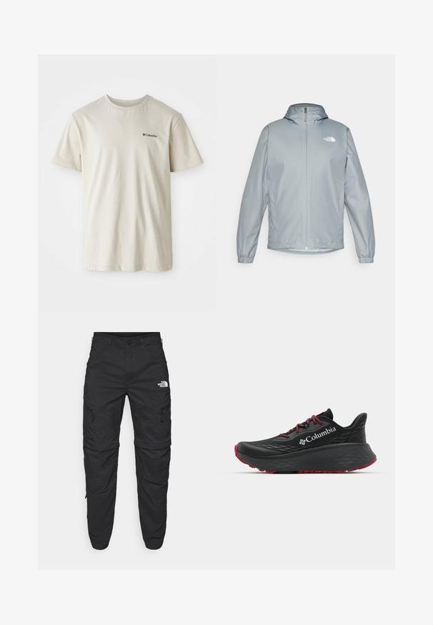 Jachetă de vânt gri deschis cu glugă, manșete elastice, fermoar frontal și un logo alb pe partea stângă a pieptului. Material neted, rezistent la apă.; Tricou din bumbac bej, cu mâneci scurte, guler rotund și un mic logo negru în zona stângă a pieptului. Material neted, fără ornamente.; The North Face EXPLORATION TAPERED CONVERTIBLE - Pantaloni outdoor - black; Pantofle atletice negre cu superior texturat, șireturi roșii și logo. Talpă groasă cu izolație pentru aderență. Design minimalist, vedere laterală.