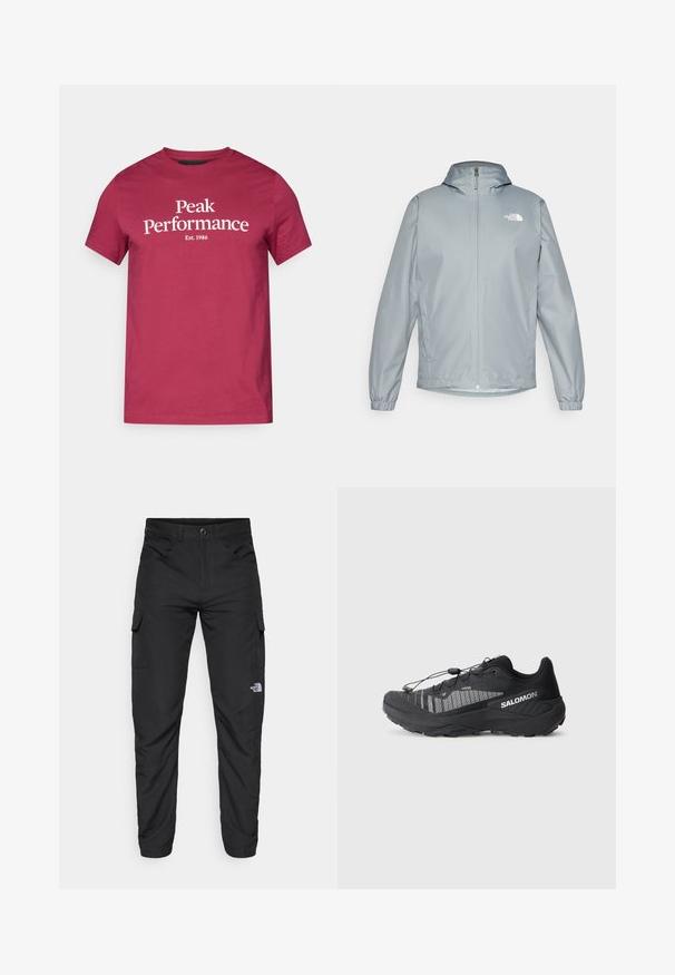 Světlé šedé větrové bundy s kapucí, elastickými manžetami, předním zipem a bílým logem na levém prsu. Hladký, voděodolný materiál.; Bordeaux bavlněné tričko s bílým textem "Peak Performance" a "Est. 1986." Krátké rukávy a klasický design s kulatým výstřihem.; The North Face HORIZON PANT - Outdoorové kalhoty - black; Černá běžecká obuv na trail s texturaovaným síťovaným svrškem, reflexními akcenty, tlumenou podrážkou a elastickým šněrovacím systémem. Logo na boku.