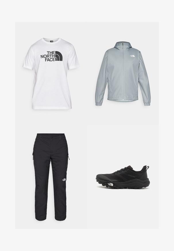 Svetlo siva jakna za veter s kapuco, elastičnimi manšetami, sprednjim zadrgo in belim logotipom na levi prsni strani. Gladek, vodoodporen material.; Bela bombažna majica s črnim grafičnim tiskom, ki vključuje besedilo in obliko ukrivljenega logotipa. Okrugel izrez in kratki rokavi. Enostavna tekstura.; The North Face WINTER EXPLORATION TAPERED CARGO - Hlače za na prostem - black; Črne tekaške čevlje za trail s teksturirano zgornjega dela, gumijastim podplatom in ojačanim zaključkom prstov. Vključuje oblazinjen ovratnik in zanko za enostavno obuvanje.