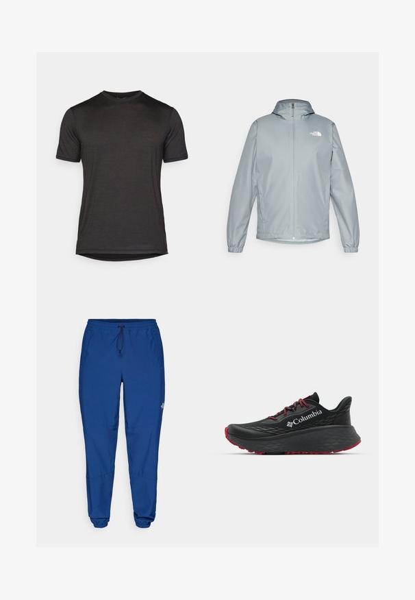 Gai pelēks vējjakas mētelis ar kapuci, elastīgiem piedurkņu galiem, priekšējo rāvējslēdzēju un balto logo kreisajā krūtīs. Gluda, ūdensizturīga materiāla.; Melna īsām piedurknēm T-kreklā, izgatavots no viegla auduma, ar apaļu kakla izgriezumu un gludu tekstūru ar noapaļotu apakšmalu.; Zilas viegls džinsa bikses ar elastīgu jostu, auklu un elastīgām apkaklēm. Iekļauj sānu kabatas un logo pie apakšējās kājas.; Melnas sporta kurpes ar teksturētu augšdaļu, sarkanām auklām un logotipu. Bieza zole ar rakstainu protektoru, lai nodrošinātu saķeri. Minimālisma dizains, sānu skats.