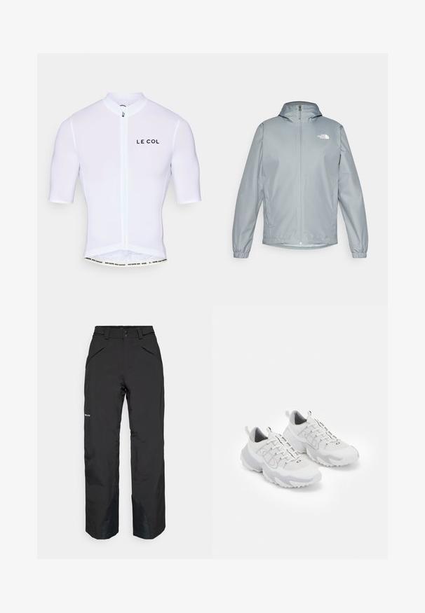 Svetlo siva jakna za veter s kapuco, elastičnimi manšetami, sprednjim zadrgo in belim logotipom na levi prsni strani. Gladek, vodoodporen material.; Bela kolesarska majica s kratkimi rokavi, sprednjim zadrgo in logotipom "LE COL". Gladek material s prilegajočo se obliko in kontrastnim napisom na pasu.; Črne vodoodporne hlače s ravnim krojem, opremljene z zadrgami na žepih, ojačenimi robovi in gladko teksturo.; Bela športna obutev z mrežasto zgornjim delom, sivo obrobje, teksturiran gumijast podplat in zankami na peti; vključuje vezalni dizajn.