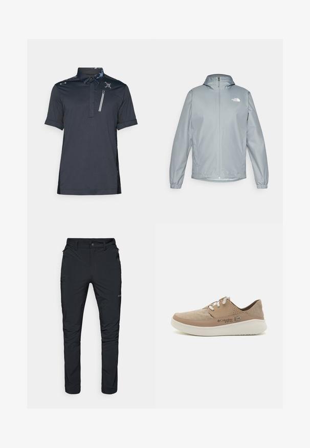 Vaaleanharmaa tuuliestokka, jossa on huppu, joustavat hihansuut, etuvetoketju ja valkoinen logo vasemmassa rinnassa. Sujuva, vettähylkivä materiaali.; Musta polo-paita lyhyillä hihoilla, kuviollisella kauluksella, rintataskulla vetoketjulla ja tekstuurilla sivuilla. Logoyksityiskohta vasemmalla edessä.; Mustat ulkoiluhousut suoralla mitoituksella, joissa on vetoketjulliset taskut, vyölenkit ja kevyt, kestävä kangas.; Beige kankaan urheilukengät, joissa on vaaleanruskeat nahkaosat, valkoiset nauhat ja rei'ityksiä sivuilla, varustettu pehmeällä pohjalla.