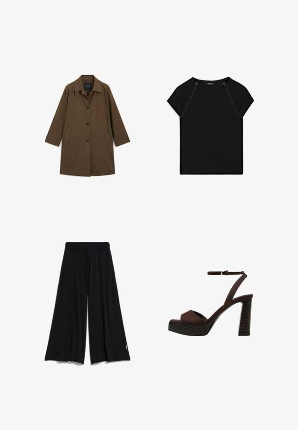 Cappotto marrone di media lunghezza con colletto, bottoni frontali e tasche laterali. Realizzato in tessuto testurizzato con una vestibilità comoda.; Top nero a maniche corte con scollatura rotonda e cuciture bianche in contrasto lungo le spalle e i lati. Tessuto morbido e liscio.; Pantaloni neri a gamba larga con vita elasticizzata, realizzati in tessuto morbido, caratterizzati da una vestibilità ampia e da delicati dettagli drappeggiati.; Sandal in camoscio marrone con tacco alto, punta aperta, cinturino alla caviglia regolabile e suola a piattaforma striata.