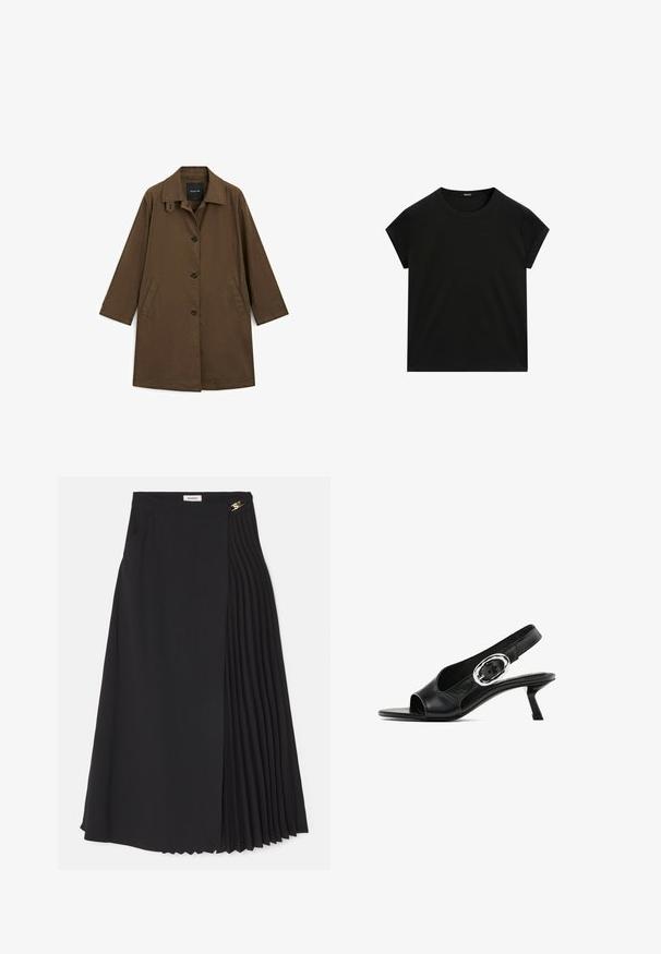 Cappotto marrone di media lunghezza con colletto, bottoni frontali e tasche laterali. Realizzato in tessuto testurizzato con una vestibilità comoda.; T-shirt nera a maniche corte con collo rotondo e orlo dritto, presentata in piano su uno sfondo bianco.; Gonna midi nera con design a pieghe su un lato, realizzata in tessuto leggero con zip nascosta e tasche laterali.; Scarpa slingback in pelle nera con punta aperta, dotata di una particolare fibbia ovale argento sulla cinghia e un tacco a rocchetto sottile. Texture liscia.