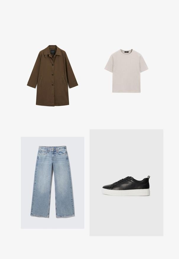 Hnědý, středně dlouhý kabát s límečkem, předními knoflíky a bočními kapsami. Vyrobený z texturované látky s volným střihem.; Světle šedé bavlněné tričko s krátkými rukávy, kulatým výstřihem a volným střihem. Obsahuje minimální švy a žádné viditelné vzory nebo akcenty.; Světle modré džínové kalhoty s širokými nohavicemi, vyrobené z denimu s jemným vyblednutím. Obsahují pět kapes, zapínání na knoflík a kontrastní stehy.; Černé nízké kožené tenisky s černými tkaničkami a bílou silnou gumovou podrážkou, zobrazené z vnější strany na bílém pozadí.