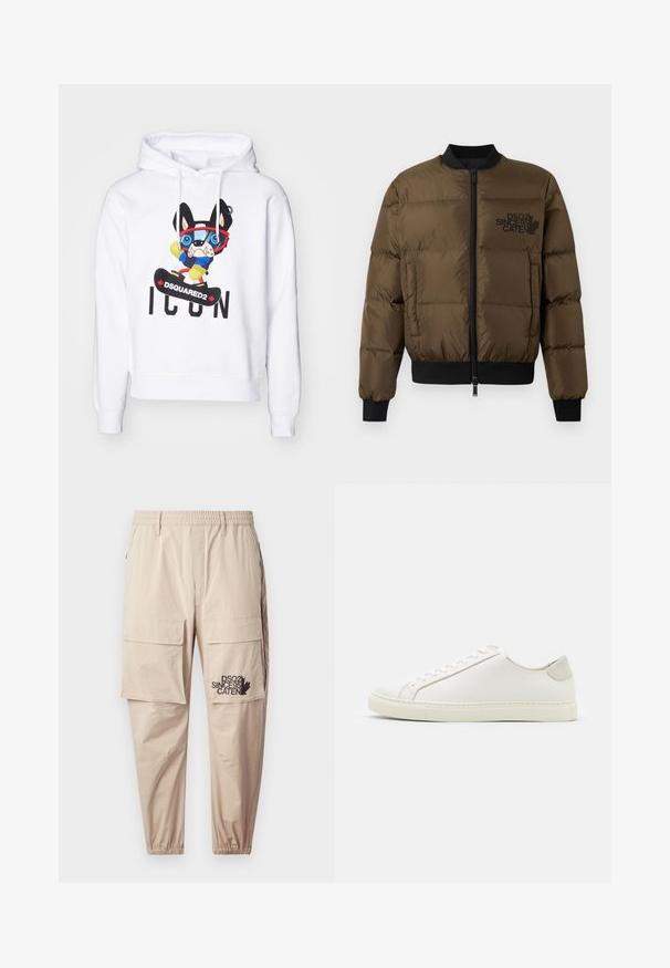 Olive green puffer jacket with a zip front, ribbed cuffs, and hem. Features black logo print on the chest and quilted design.; White hoodie featuring a colorful cartoon dog wearing glasses, a blue sweater, and yellow gloves, with "DSQUARED2 ICON" printed below.; Beige cargo pants made of lightweight fabric, featuring an elastic waistband, zip pockets, and a printed logo on the left leg.; White leather sneaker with a smooth surface, round toe, and minimalistic design. Features beige accents on the heel and a rubber sole.