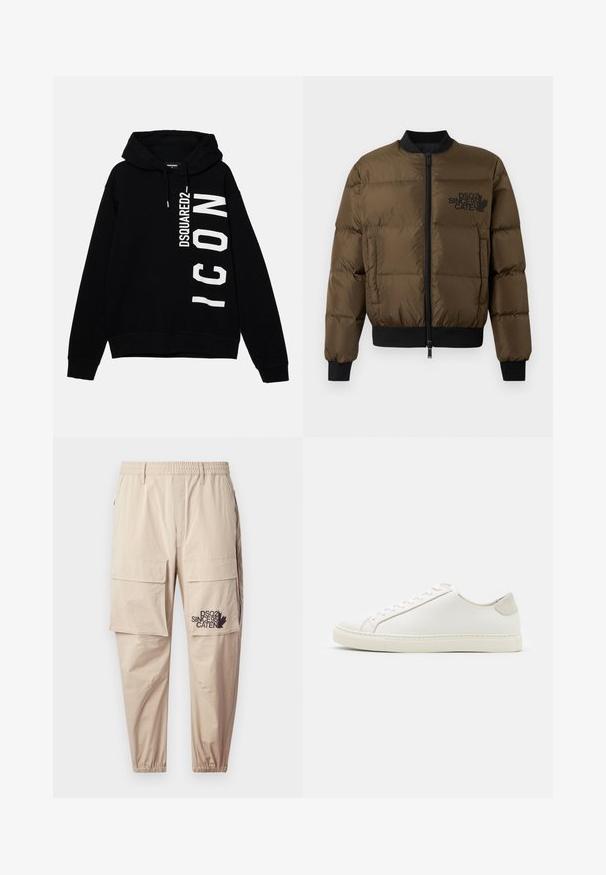 Olivengrøn puffjakke med lynlås foran, ribbede manchetter og kant. Har sort logo-print på brystet og kviltet design.; Sort hættebluse lavet af bomuld, med hvid grafisk tekst "DSQUARED2 ICON" på forsiden. Omfatter hætte med snor og ribbede mansjetter.; Beige cargo bukser lavet af letvægtsstof, med elastisk talje, lynlåslommer og en trykt logo på venstre ben.; Hvide lædersneakers med en glat overflade, rund tå og minimalistisk design. Funktioner i beige nuancer på hælen og en gummisål.