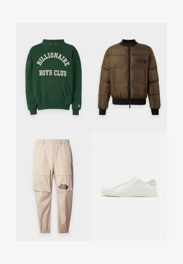 Giacca a vento verde oliva con zip frontale, polsini e orlo a coste. Presenta una stampa del logo nera sul petto e un design trapuntato.; Felpa verde con collo alto, tasca frontale e "BILLIONAIRE BOYS CLUB" stampato in crema. Include una toppa con il logo sulla manica sinistra.; Pantaloni cargo beige realizzati in tessuto leggero, dotati di vita elasticizzata, tasche con zip e un logo stampato sulla gamba sinistra.; Sneaker bianca in pelle con superficie liscia, punta rotonda e design minimalista. Presenta dettagli beige sul tallone e una suola in gomma.
