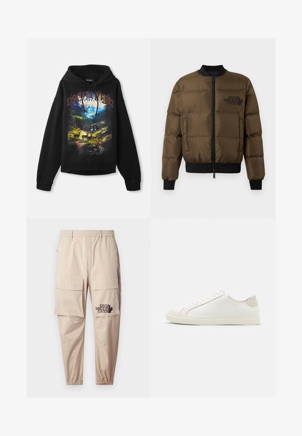 Olive green puffer jacket with a zip front, ribbed cuffs, and hem. Features black logo print on the chest and quilted design.; Black hoodie featuring a nature-themed graphic with deer and mountains. Drawstring hood, long sleeves, and relaxed fit. Soft cotton fabric.; Beige cargo pants made of lightweight fabric, featuring an elastic waistband, zip pockets, and a printed logo on the left leg.; White leather sneaker with a smooth surface, round toe, and minimalistic design. Features beige accents on the heel and a rubber sole.