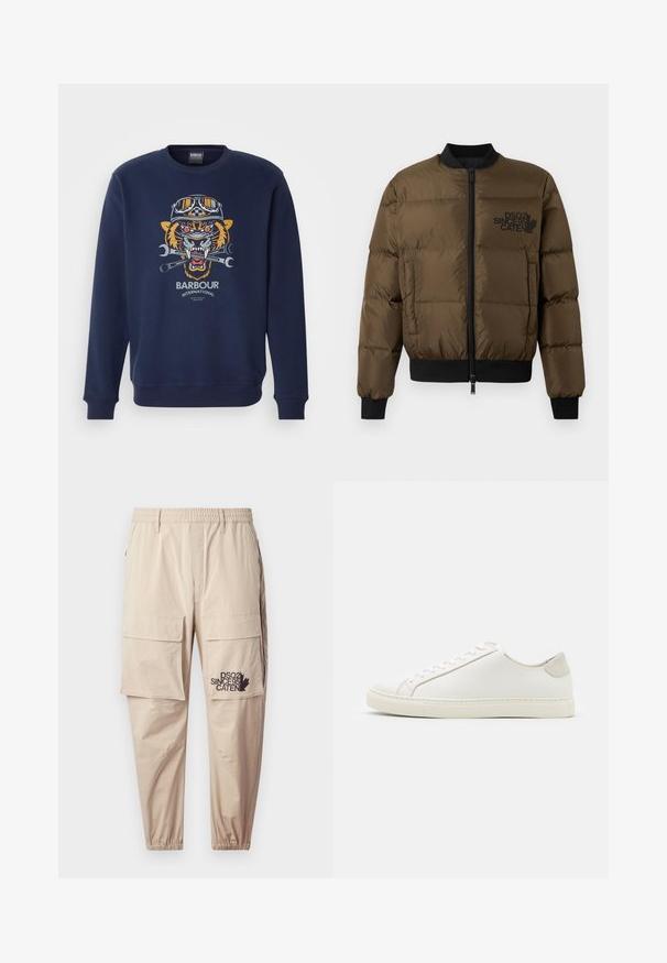 Olive green puffer jacket with a zip front, ribbed cuffs, and hem. Features black logo print on the chest and quilted design.; Navy blue sweatshirt made of cotton, featuring a tiger graphic with goggles and crossed tools, and "Barbour International" text below.; Beige cargo pants made of lightweight fabric, featuring an elastic waistband, zip pockets, and a printed logo on the left leg.; White leather sneaker with a smooth surface, round toe, and minimalistic design. Features beige accents on the heel and a rubber sole.