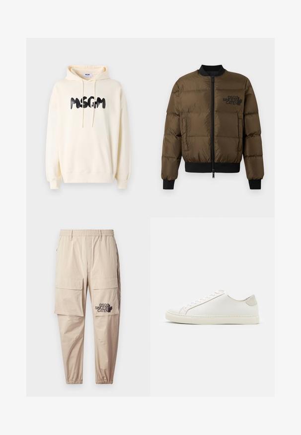 Doudoune vert olive avec fermeture éclair sur le devant, poignets et ourlet côtelés. Présente un logo noir imprimé sur la poitrine et un design matelassé.; Haut à capuche couleur crème avec une poche avant, capuche à cordons de serrage et logo "MSGM" noir. Comprend des poignets et un ourlet côtelés, en tissu doux.; Pantalons cargo beiges en tissu léger, avec une taille élastique, des poches zippées et un logo imprimé sur la jambe gauche.; Baskets en cuir blanc avec une surface lisse, bout rond et design minimaliste. Présentent des accents beiges sur le talon et une semelle en caoutchouc.