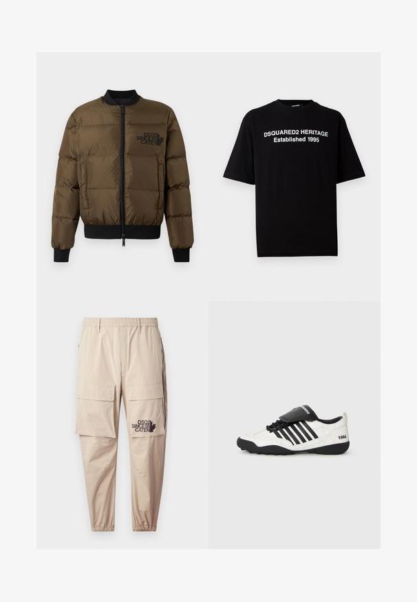 Giacca a vento verde oliva con zip frontale, polsini e orlo a coste. Presenta una stampa del logo nera sul petto e un design trapuntato.; T-shirt nera a maniche corte in cotone con collo rotondo, con stampa bianca: "DSQUARED2 HERITAGE Fondata 1995" sul fronte.; Pantaloni cargo beige realizzati in tessuto leggero, dotati di vita elasticizzata, tasche con zip e un logo stampato sulla gamba sinistra.; Sneaker con texture bianca screpolata, dettagli neri, cinque strisce orizzontali e linguetta imbottita nera etichettata "1984". Suola in gomma nera.