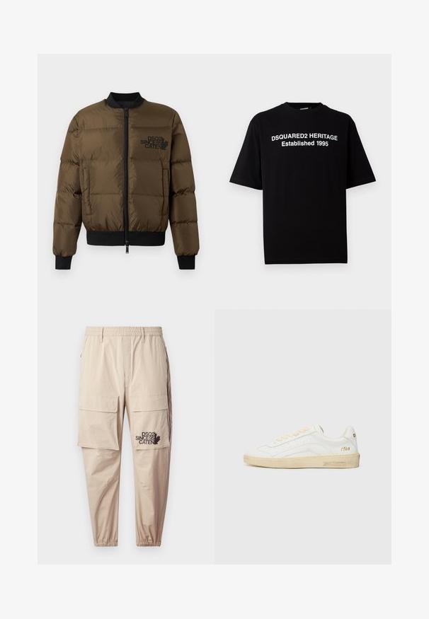 Giacca a vento verde oliva con zip frontale, polsini e orlo a coste. Presenta una stampa del logo nera sul petto e un design trapuntato.; T-shirt nera a maniche corte in cotone con collo rotondo, con stampa bianca: "DSQUARED2 HERITAGE Fondata 1995" sul fronte.; Pantaloni cargo beige realizzati in tessuto leggero, dotati di vita elasticizzata, tasche con zip e un logo stampato sulla gamba sinistra.; Sneaker bianca in pelle con lacci beige, suola in gomma avorio e perforazioni sottili. Caratterizzata da testo dorato "1964" e marchio sul tallone.