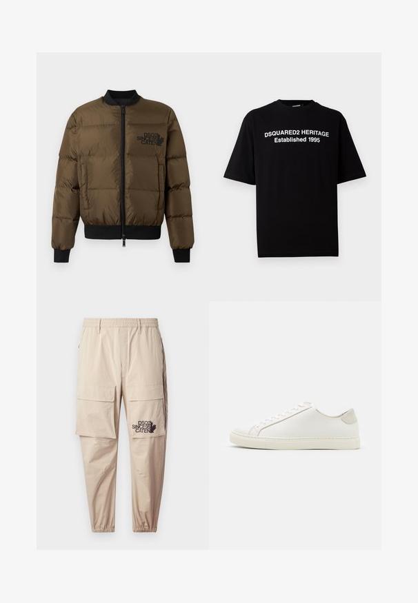 Giacca a vento verde oliva con zip frontale, polsini e orlo a coste. Presenta una stampa del logo nera sul petto e un design trapuntato.; T-shirt nera a maniche corte in cotone con collo rotondo, con stampa bianca: "DSQUARED2 HERITAGE Fondata 1995" sul fronte.; Pantaloni cargo beige realizzati in tessuto leggero, dotati di vita elasticizzata, tasche con zip e un logo stampato sulla gamba sinistra.; Sneaker bianca in pelle con superficie liscia, punta rotonda e design minimalista. Presenta dettagli beige sul tallone e una suola in gomma.