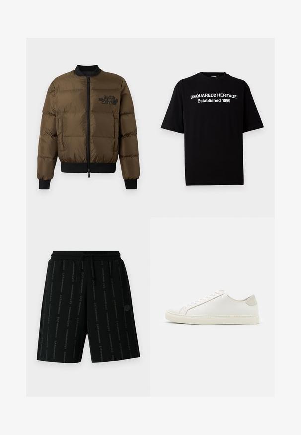 Olive green puffer jacket with a zip front, ribbed cuffs, and hem. Features black logo print on the chest and quilted design.; Black short-sleeve t-shirt in cotton with a crew neck, featuring white text: "DSQUARED2 HERITAGE Established 1995" on the front.; Black athletic shorts with an elastic waistband and drawstring. Featuring a repeated printed logo in a contrasting shade across the fabric.; White leather sneaker with a smooth surface, round toe, and minimalistic design. Features beige accents on the heel and a rubber sole.