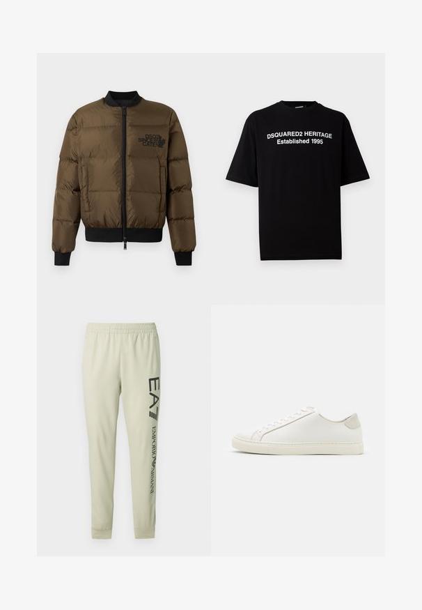 Olivgrüne Steppjacke mit Reißverschluss vorne, gerippten Bündchen und Saum. Mit schwarzem Logo-Print auf der Brust und gestepptem Design.; Schwarzes Kurzarm-T-Shirt aus Baumwolle mit Rundhalsausschnitt, auf der Vorderseite mit weißem Text: "DSQUARED2 HERITAGE Established 1995".; Sahnefarbene Sweatpants mit elastischem Bund, zulaufenden Beinen und schwarzem Aufdruck entlang der linken Seite. Weiche, glatte Stoffstruktur.; Weiße Leder Sneakers mit glatter Oberfläche, runder Zehenform und minimalistischem Design. Mit beigen Akzenten an der Ferse und einer Gummisohle.