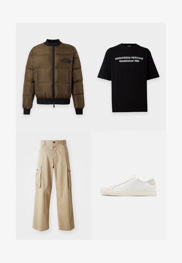 Doudoune vert olive avec fermeture éclair sur le devant, poignets et ourlet côtelés. Présente un logo noir imprimé sur la poitrine et un design matelassé.; T-shirt noir à manches courtes en coton avec un col rond, présentant un texte blanc : "DSQUARED2 HERITAGE Établi en 1995" sur le devant.; Pantalons cargo beiges en coton, avec un design à jambes larges, deux grandes poches latérales et une fermeture à bouton à la taille.; Baskets en cuir blanc avec une surface lisse, bout rond et design minimaliste. Présentent des accents beiges sur le talon et une semelle en caoutchouc.