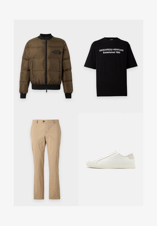 Olivroheline puffjakiga, millel on ees lukuga diy, soonikkoes varrukad ja alläär. Omab musta logo trükist rinnal ja tikandit.; Must soeäriga must T-särk puuvillast, ümar kaelus, mille esiküljel on valge kiri: "DSQUARED2 HERITAGE Asutatud 1995".; Beežist puuvillased püksid sirge sääre disainiga, millel on nööpkinnitus, vööloopid ja sile tekstuur. Nähtavad mustrid puuduvad.; Valge nahast sneaker, millel on sile pind, ümar varvas ja minimalistlik disain. Omab beeže aktsente kontsas ja kummist tallat.