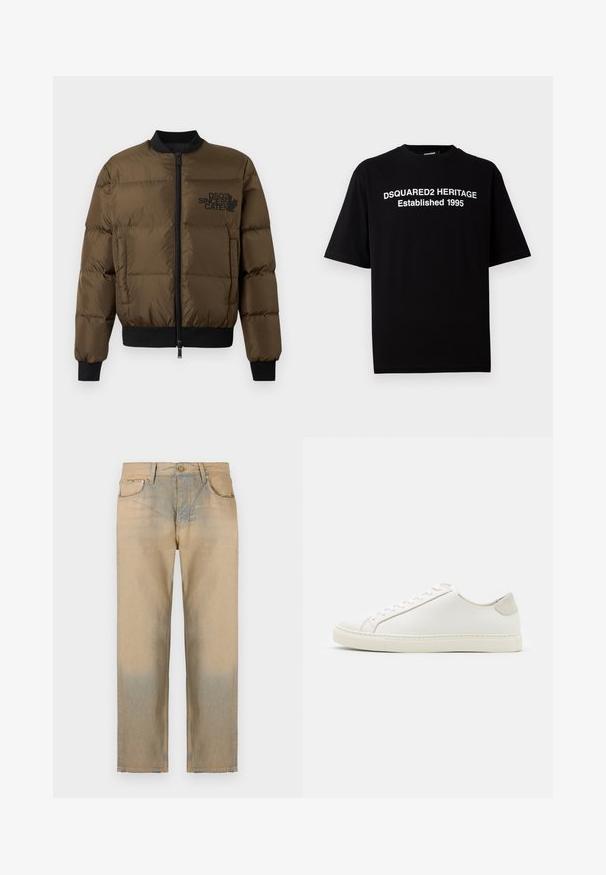 Alyvuogių spalvos pūkinė striukė su užtrauktuku priekyje, gofruotomis rankogaliais ir hemu. Striukė turi juodą logotipo spaudą krūtinėje ir siuvinėjimo dizainą.; Juodas trumpomis rankovėmis medvilninis marškinėlis su apvaliu kaklu, priekyje su balta užrašu: "DSQUARED2 HERITAGE Įkurtas 1995".; Beige džinsai su tiesiu kirpimu, turintys išblukimo efektą apačioje, penkių kišenių dizainą ir sagą uždarymui.; Baltos odinės sportinės avalynės, lygiu paviršiumi, apvaliu nosiu ir minimalistiniu dizainu. Su smėlio spalvos akcentais ant kulno ir guminis padas.
