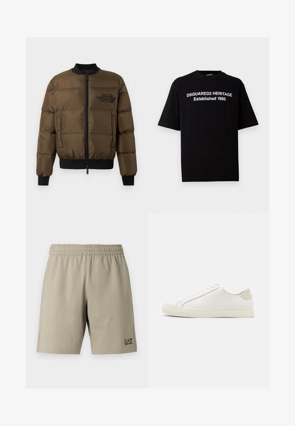 Olivroheline puffjakiga, millel on ees lukuga diy, soonikkoes varrukad ja alläär. Omab musta logo trükist rinnal ja tikandit.; Must soeäriga must T-särk puuvillast, ümar kaelus, mille esiküljel on valge kiri: "DSQUARED2 HERITAGE Asutatud 1995".; Heledad helebeeži lühikesed püksid, mis on valmistatud pehmest kangast, millel on elastne vöökoht ja küljetaskud. Alumisel jalal on väike must logo.; Valge nahast sneaker, millel on sile pind, ümar varvas ja minimalistlik disain. Omab beeže aktsente kontsas ja kummist tallat.