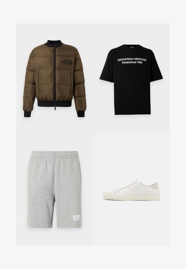 Olíva zöld puffernadrág, cipzárral elöl, bordás mandzsettákkal és szegéllyel. Fekete logónyomattal a mellkason és steppelt dizájnnal rendelkezik.; Fekete, rövid ujjú pamut póló, kerek nyakkivágással, fehér felirattal: "DSQUARED2 HERITAGE Established 1995" elől.; Szürke pamut rövidnadrág elasztikus derékkal és fehér logóval az alsó jobb oldalon. Puha tapintás, térd hosszúságú kialakítás.; Fehér bőr sneaker sima felülettel, kerek orral és minimalista dizájnnal. Bézs kiemelésekkel a sarokon és gumitalppal rendelkezik.