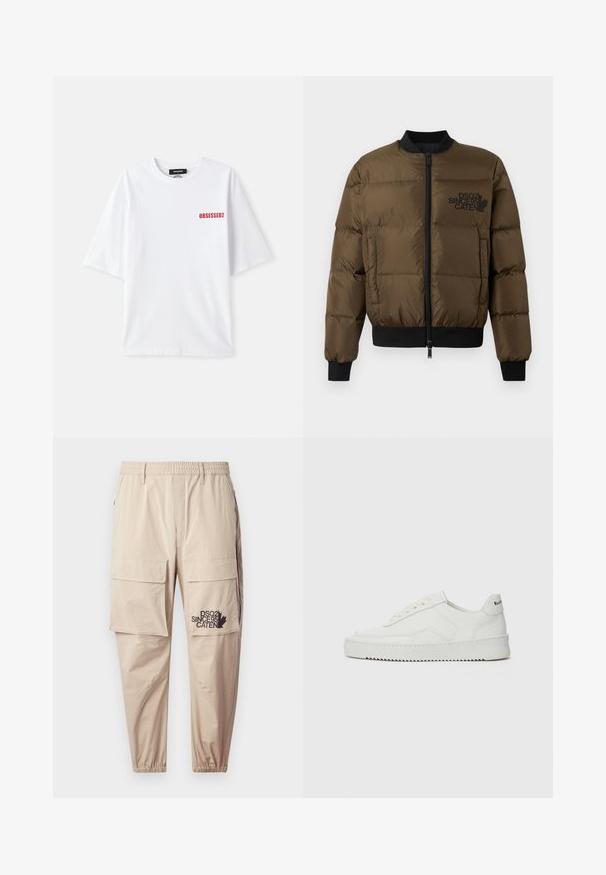 Olive green puffer jacket with a zip front, ribbed cuffs, and hem. Features black logo print on the chest and quilted design.; White cotton t-shirt with short sleeves, featuring red text "OBSESSED2" on the front left side. Classic crew neck design.; Beige cargo pants made of lightweight fabric, featuring an elastic waistband, zip pockets, and a printed logo on the left leg.; White leather sneaker with a smooth finish, round toe, flat laces, and a textured sole. Features a subtle logo on the heel.