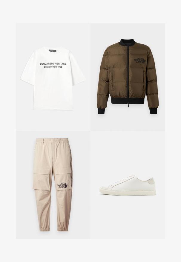 Olive green puffer jacket with a zip front, ribbed cuffs, and hem. Features black logo print on the chest and quilted design.; Dsquared2 Print T-shirt - white; Beige cargo pants made of lightweight fabric, featuring an elastic waistband, zip pockets, and a printed logo on the left leg.; White leather sneaker with a smooth surface, round toe, and minimalistic design. Features beige accents on the heel and a rubber sole.