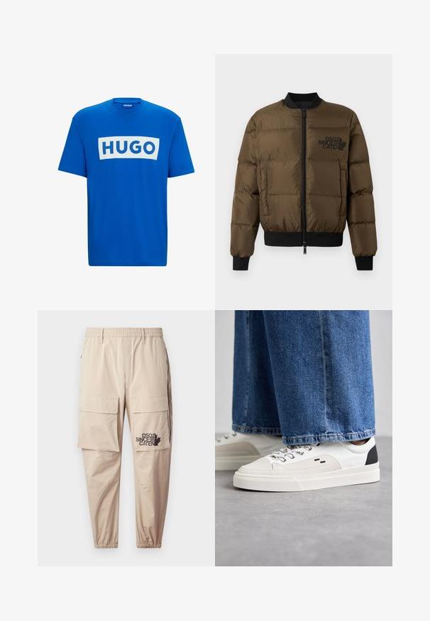 Chaqueta de plumas verde oliva con cremallera frontal, puños acanalados y dobladillo. Cuenta con un logo negro impreso en el pecho y un diseño acolchado.; Camiseta de algodón azul con un gran gráfico rectangular blanco que presenta el texto "HUGO" en letras azules en negrita. Cuello de barco clásico y mangas cortas.; Pantalones cargo beige fabricados en un tejido ligero, con una cintura elástica, bolsillos con cremallera y un logotipo impreso en la pierna izquierda.; Zapatillas blancas y negras con una parte superior de cuero suave, acentos texturizados y una suela blanca gruesa. Presenta un diseño clásico de cordones.