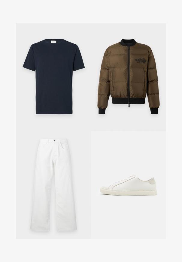 Olivově zelená péřová bunda se zipem vpředu, žebrovanými manžetami a spodním lemem. Obsahuje černý potisk loga na hrudi a prošívaný design.; Námořnické modré tričko s krátkým rukávem vyrobené z měkké bavlny. Má klasický kulatý výstřih a jednoduchý, čistý design bez vzorů nebo akcentů.; Bílé denimové kalhoty se střihem rovného nohavice, které mají dvě přední kapsy a zapínání na knoflík. Hladká textura s mírně vybledlým vzhledem.; Bílé kožené tenisky s hladkým povrchem, kulatou špičkou a minimalistickým designem. Disponují béžovými akcenty na patě a gumovou podešví.