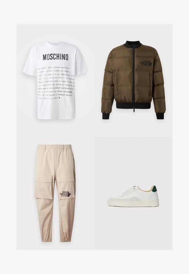 Olijfgroene pufferjack met een ritssluiting aan de voorkant, geribbelde manchetten en zoom. Bevat een zwart logo op de borst en een gequilt ontwerp.; Witte t-shirt met korte mouwen met een vet zwart 'MOSCHINO' logo en Italiaanse tekst in verschillende stijlen op de voorkant gedrukt. Standaard pasvorm.; Beige cargopantalon van lichtgewicht stof, met een elastische tailleband, ritszakken en een bedrukte logo op het linkerbeen.; Witte sneaker met suède accenten, ronde neus, platte veters en een crème rubberen zool. Bevat groene branding op de hiel.