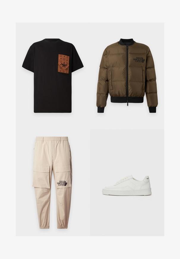Olivengrøn puffjakke med lynlås foran, ribbede manchetter og kant. Har sort logo-print på brystet og kviltet design.; Sort T-shirt med en brun lomme, der har et præget mønster og logo. Korte ærmer og rund halsudskæring. Bomuldsstof, afslappet pasform.; Beige cargo bukser lavet af letvægtsstof, med elastisk talje, lynlåslommer og en trykt logo på venstre ben.; Hvide lædersneakers med en glat overflade, rund tå, flade snørebånd og en tekstureret sål. Har et diskret logo på hælen.