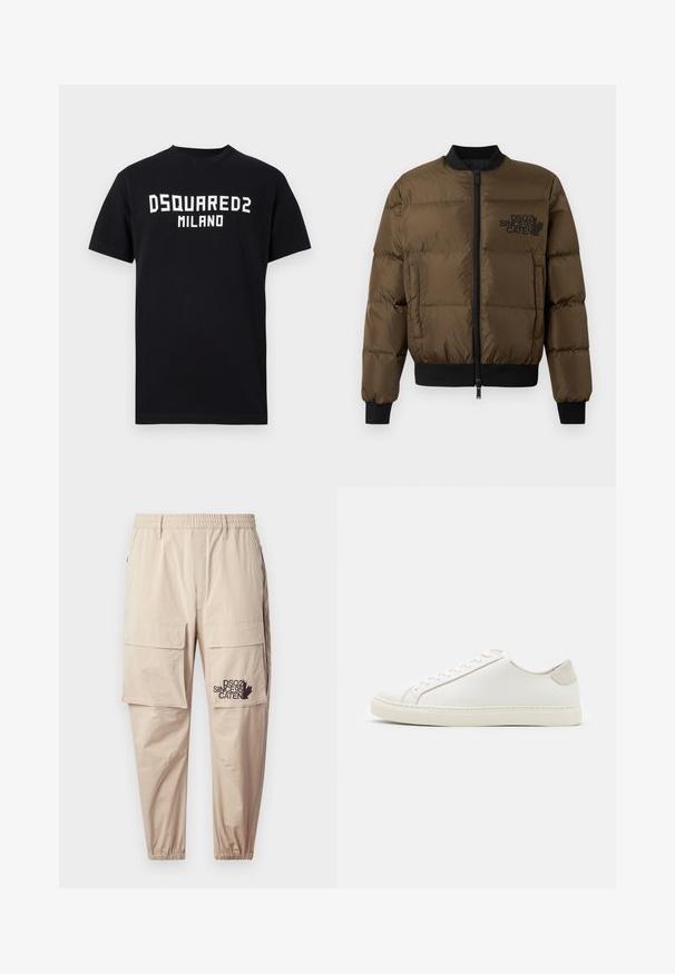 Olivgrüne Steppjacke mit Reißverschluss vorne, gerippten Bündchen und Saum. Mit schwarzem Logo-Print auf der Brust und gestepptem Design.; Schwarzes T-Shirt mit kurzen Ärmeln und weißem "DSQUARED2 MILANO"-Schriftzug mittig auf der Brust, Rundhalsausschnitt und geradem Saum.; Beige Cargo-Hosen aus leichtem Material mit einem elastischen Bund, Reißverschlusstaschen und einem bedruckten Logo auf dem linken Bein.; Weiße Leder Sneakers mit glatter Oberfläche, runder Zehenform und minimalistischem Design. Mit beigen Akzenten an der Ferse und einer Gummisohle.