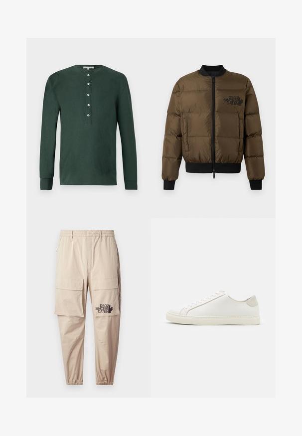 Olivgrüne Steppjacke mit Reißverschluss vorne, gerippten Bündchen und Saum. Mit schwarzem Logo-Print auf der Brust und gestepptem Design.; Dunkelgrünes Langarm-Henley-Shirt aus Baumwolle mit Rundhalsausschnitt, fünf weißen Knöpfen und gerippten Bündchen. Glatte Textur.; Beige Cargo-Hosen aus leichtem Material mit einem elastischen Bund, Reißverschlusstaschen und einem bedruckten Logo auf dem linken Bein.; Weiße Leder Sneakers mit glatter Oberfläche, runder Zehenform und minimalistischem Design. Mit beigen Akzenten an der Ferse und einer Gummisohle.