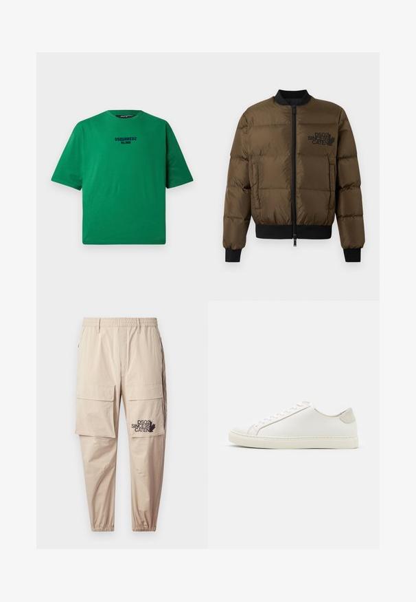 Olive green puffer jacket with a zip front, ribbed cuffs, and hem. Features black logo print on the chest and quilted design.; Green T-shirt made of cotton, featuring a round neck and short sleeves. Black "DSQUARED2 MILANO" logo centered on the front.; Beige cargo pants made of lightweight fabric, featuring an elastic waistband, zip pockets, and a printed logo on the left leg.; White leather sneaker with a smooth surface, round toe, and minimalistic design. Features beige accents on the heel and a rubber sole.